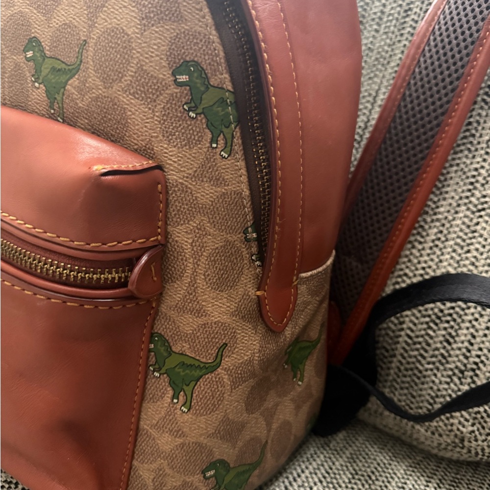 Coach Rexy Medium Backpack with Green Dino Print and Rust Leather - Picture 3 of 10